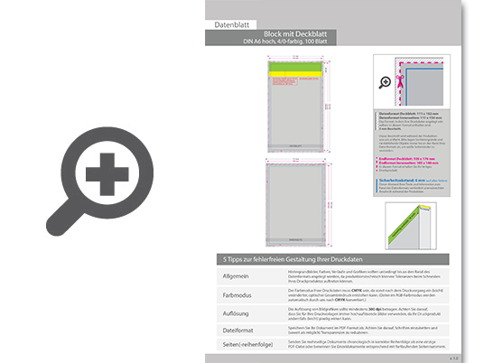 Product Bild block_mit_leimbindung_und_deckblatt__din_a6__100_blatt__4_0_farbig_einseitig_bedruckt